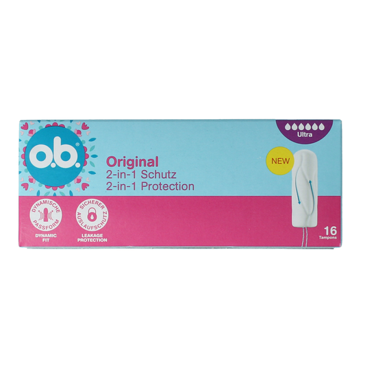 OB Tampons original dynamic fit ultra, pack of 16, feminine hygiene tampons designed for comfort and protection.