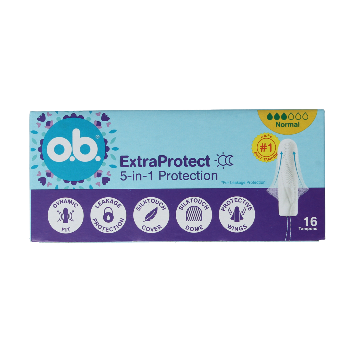 OB Tampons Extra Protect Normal, 16-pack, feminine hygiene product with discreet applicators, designed for reliable protection.