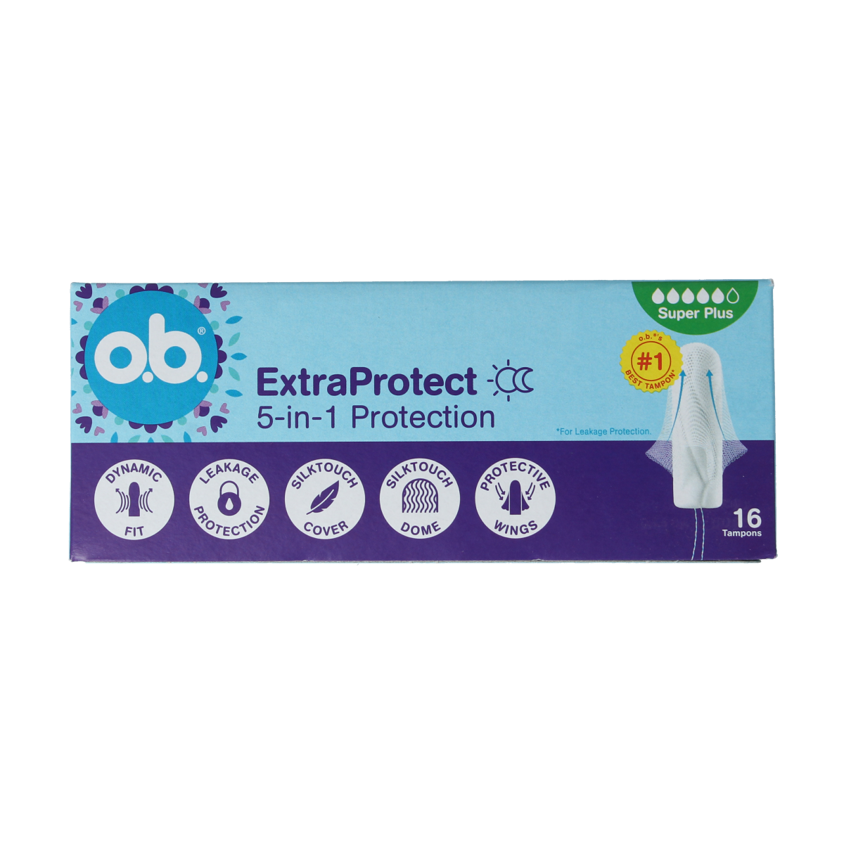 OB Tampons Extra Protect Super Plus, 16-pack, feminine hygiene product showing tampons with applicators and packaging.