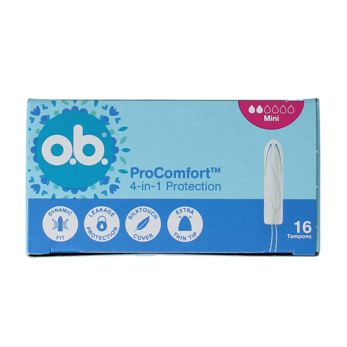 OB Tampons Pro Comfort Advanced Mini pack of 16, compact feminine hygiene tampons designed for discreet comfort.