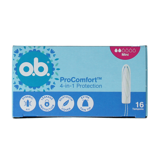 OB Tampons Pro Comfort Advanced Mini pack of 16, compact feminine hygiene tampons designed for discreet comfort.