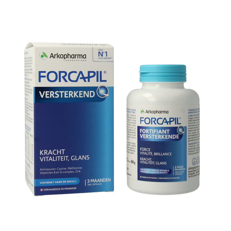 Forcapil Versterkende capsules for hair and nails, 180 capsules, vitamin supplement with softgel capsules in a blister pack.