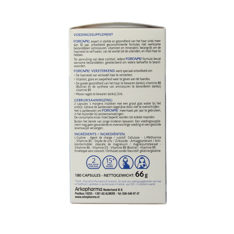 Forcapil Versterkende capsules for hair and nails, 180 softgel capsules, vitamin supplement with natural ingredients.