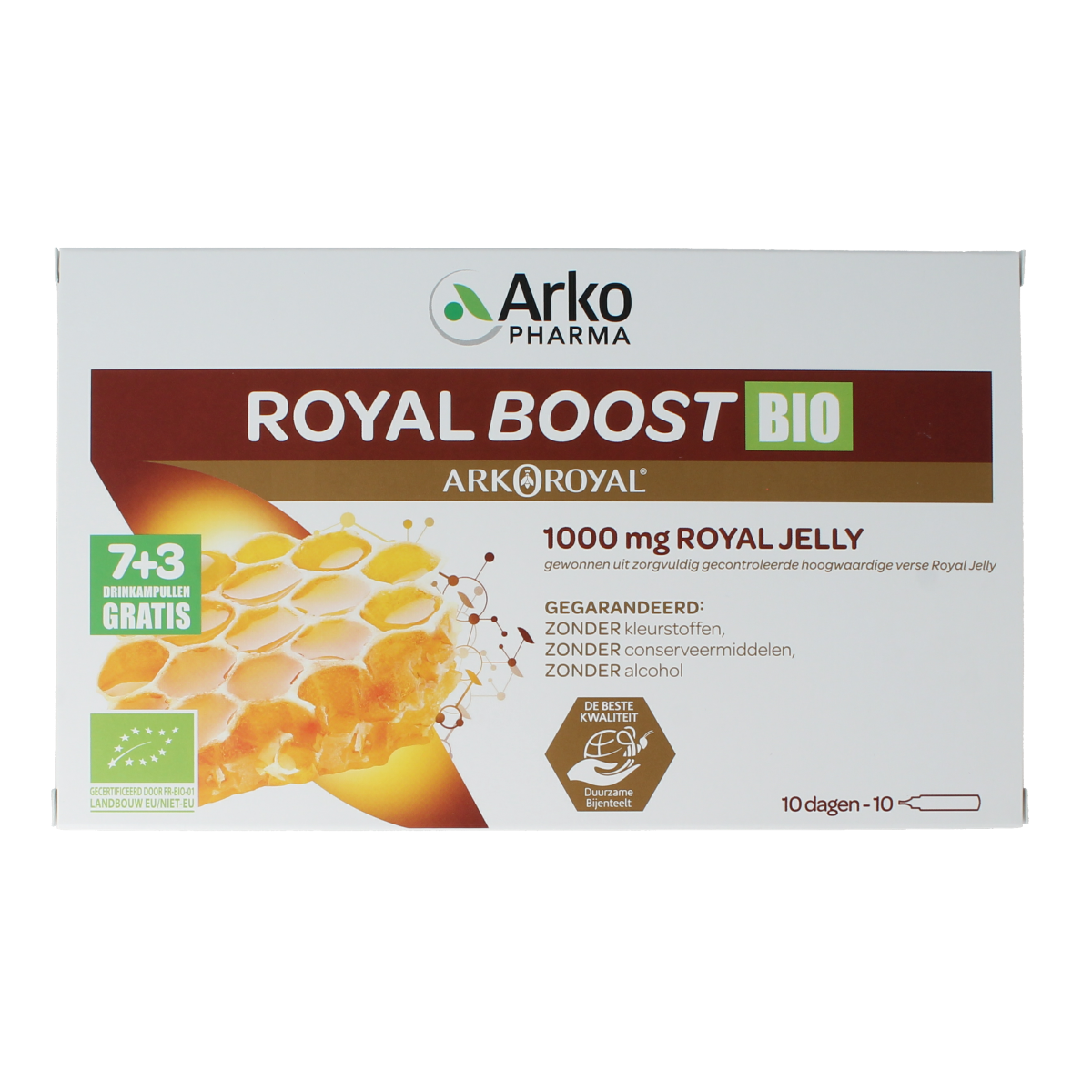 Royal Boost Royal Jelly boost ampoules, 15ml each, in a box of 10 bio supplement bottles, clear glass vials with labels.