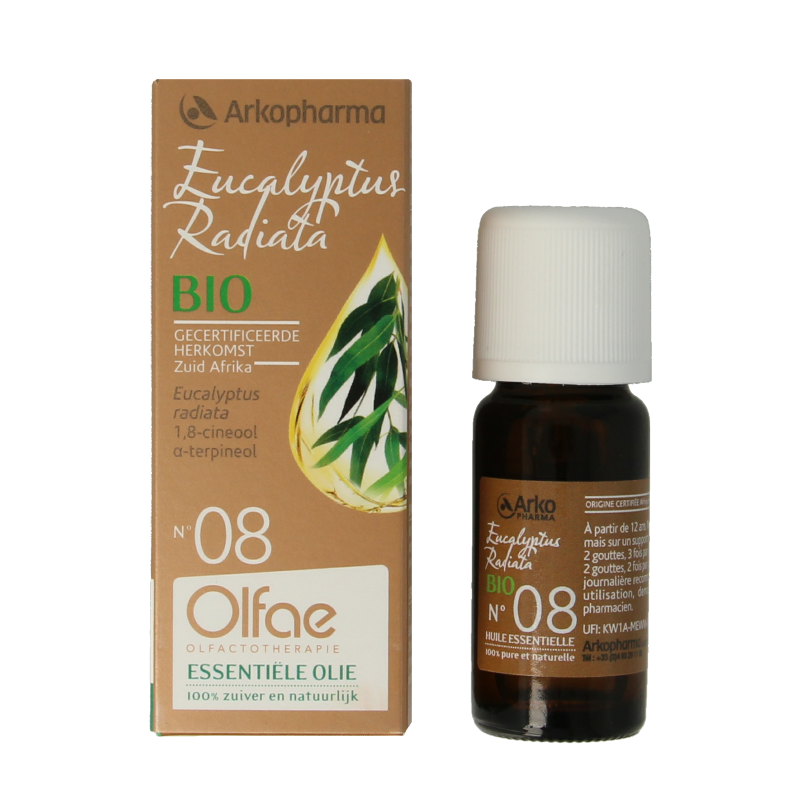Olfae Eucalyptus radiata bio essential oil in a 10ml bottle, used for herbal preparations and natural remedies.