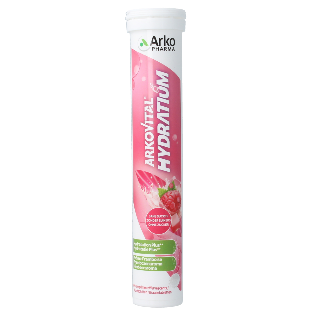 Arkovital Hydratium Framboos raspberry-flavored effervescent tablets for hydration and vitamins, displayed in a clear glass.