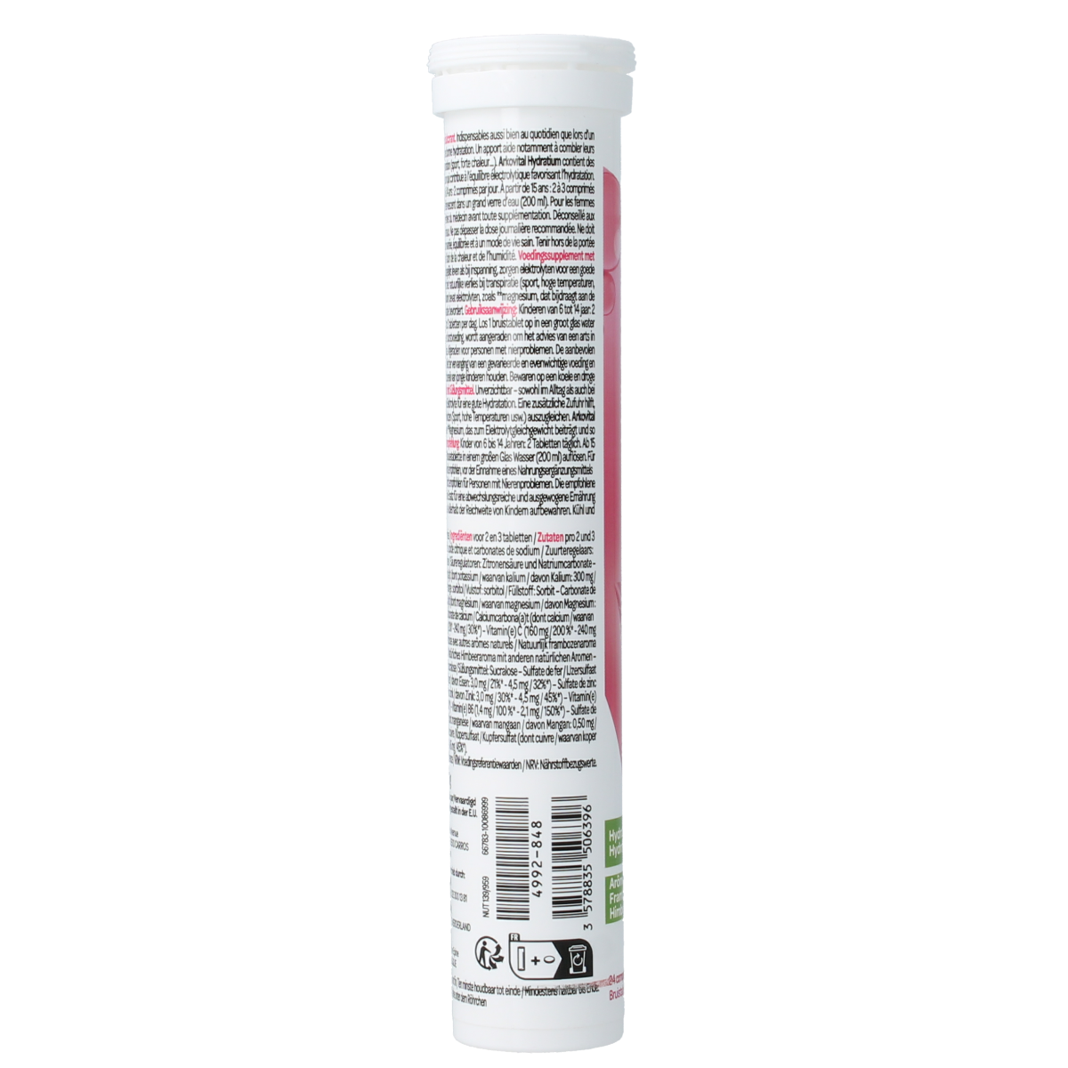 Arkovital Hydratium Framboos raspberry-flavored effervescent supplement tablets in a clear glass with raspberry slices.