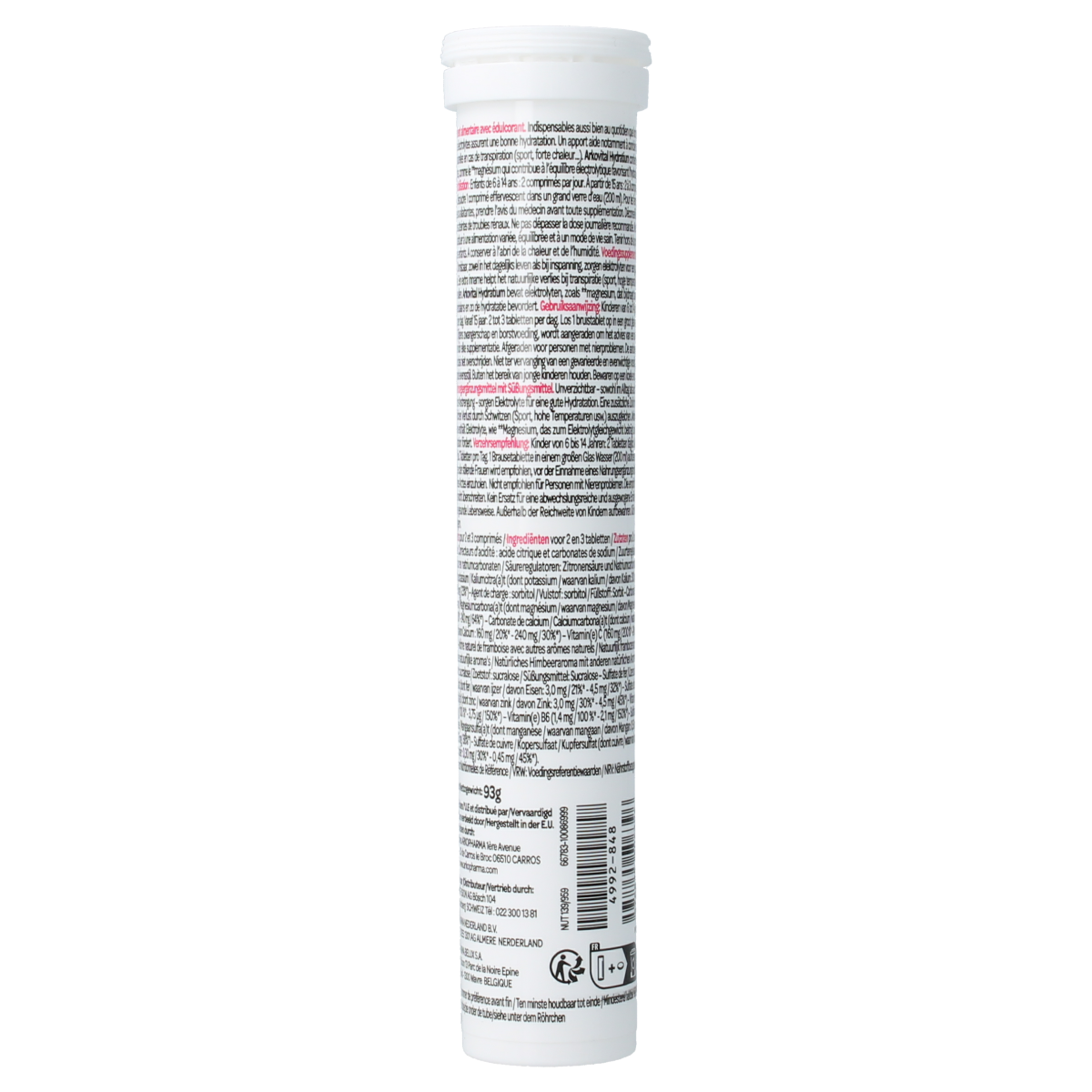 Arkovital Hydratium Framboos raspberry-flavored effervescent tablets in a clear glass, showing the vibrant pink tablets inside.