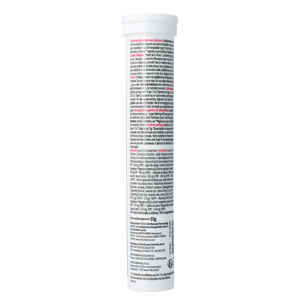 Arkovital Hydratium Framboos raspberry-flavored effervescent vitamin supplement tablets in a glass of water.