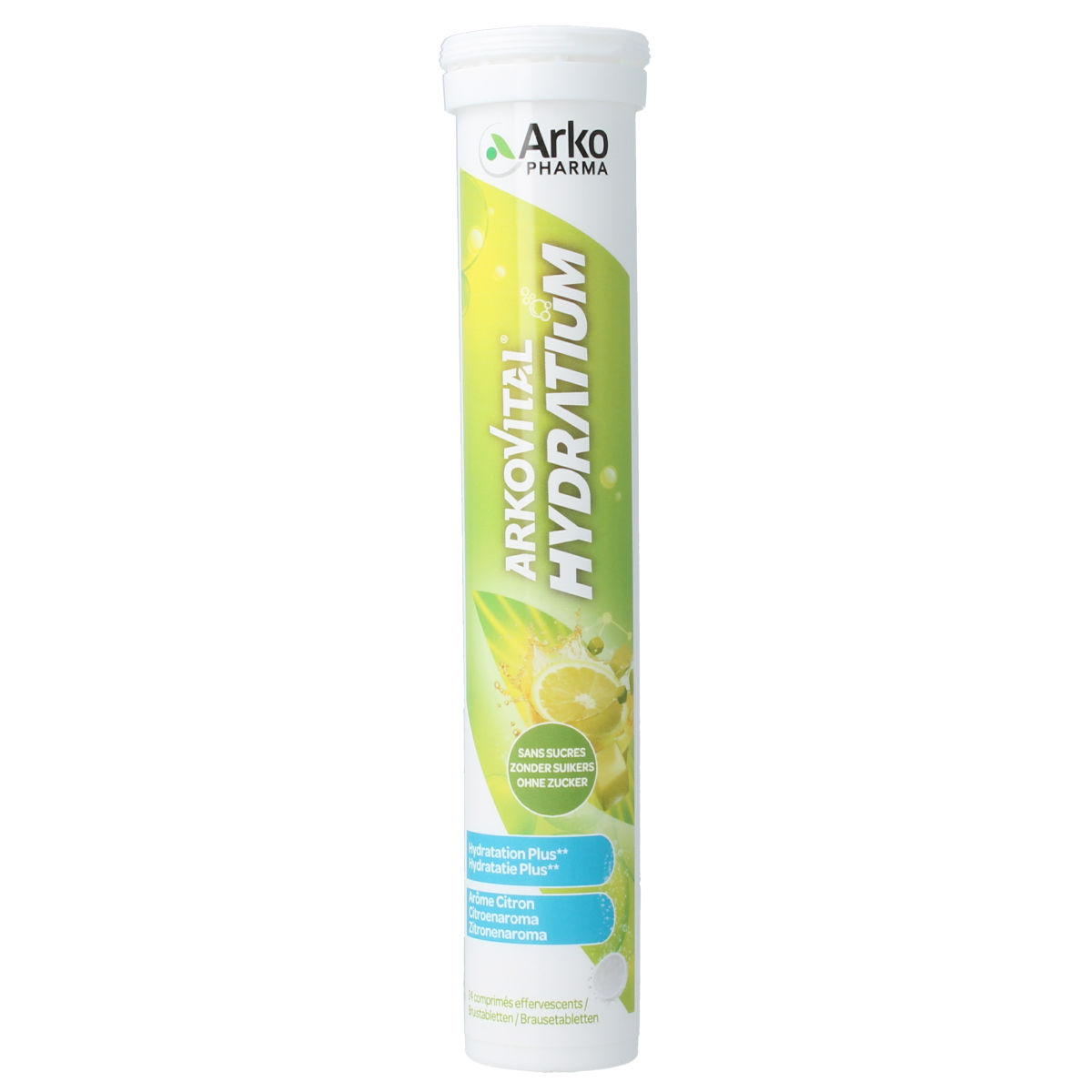 Arkovital Hydratium Citroen effervescent tablets, citrus-flavored dietary supplement for hydration and electrolyte balance.