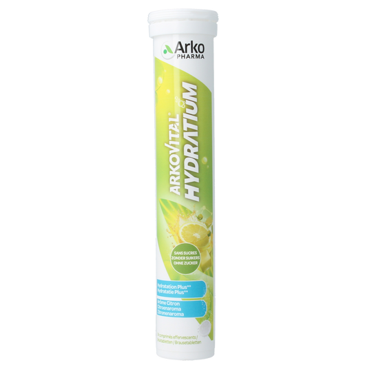 Arkovital Hydratium Citroen effervescent tablets, citrus-flavored dietary supplement for hydration and electrolyte balance.