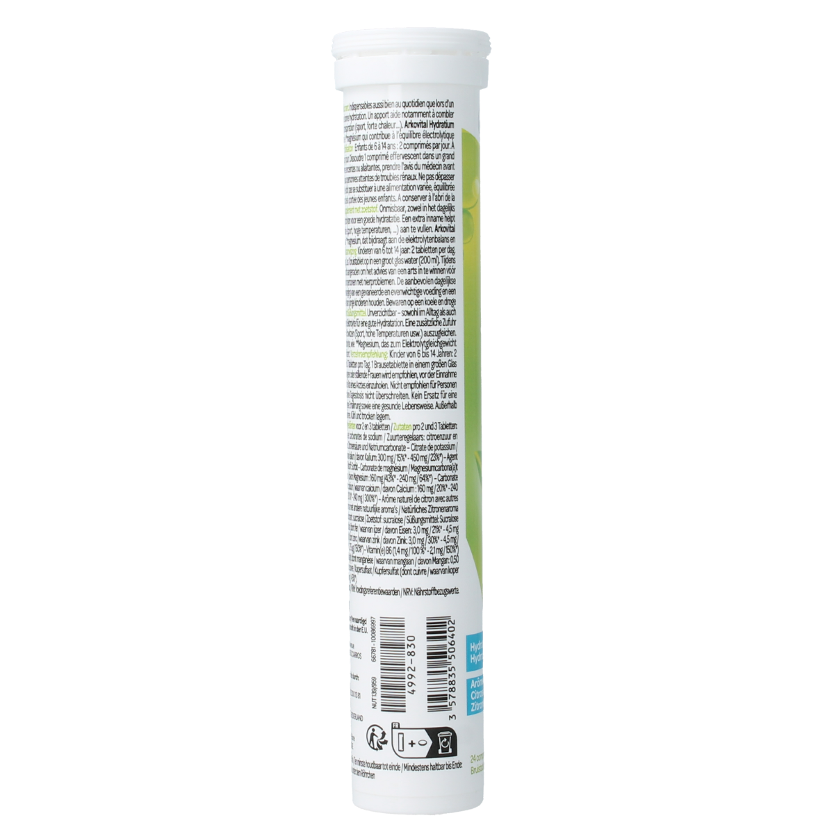 Arkovital Hydratium Citroen effervescent tablets, citrus-flavored dietary supplement with vitamins and minerals for hydration.