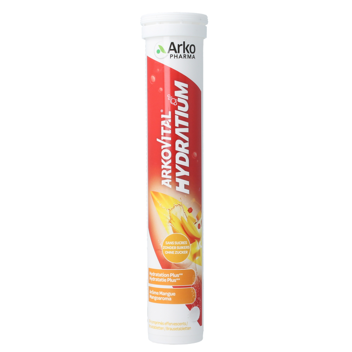 Arkovital Hydratium Mango effervescent tablets, a dietary supplement with mango flavor, in a blister pack.