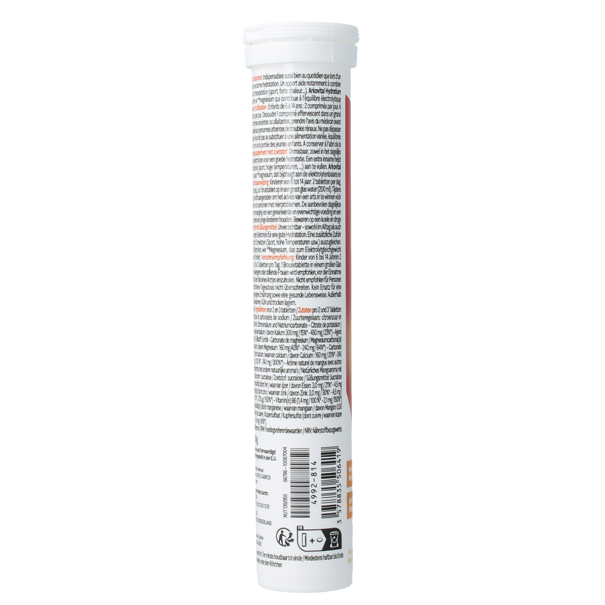 Arkovital Hydratium Mango effervescent vitamin supplement in a glass with orange mango flavor effervescent tablets.