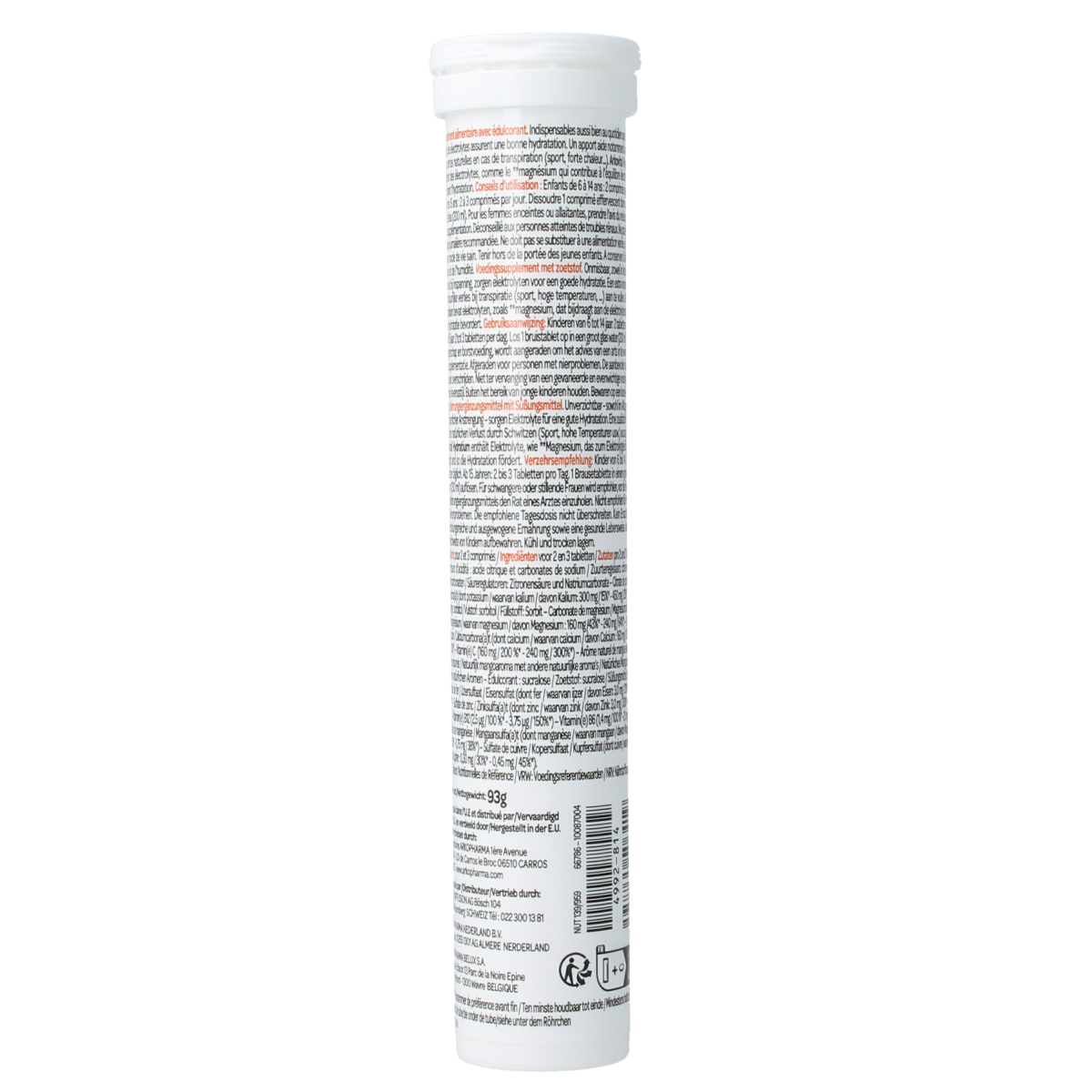 Arkovital Hydratium Mango effervescent tablets, a hydration supplement with mango flavor, in a clear container on a white background.