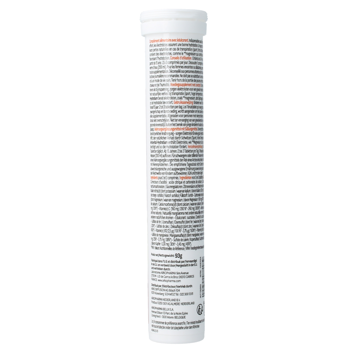 Arkovital Hydratium Mango effervescent tablets, a hydration supplement with mango flavor, displayed in a clear container.
