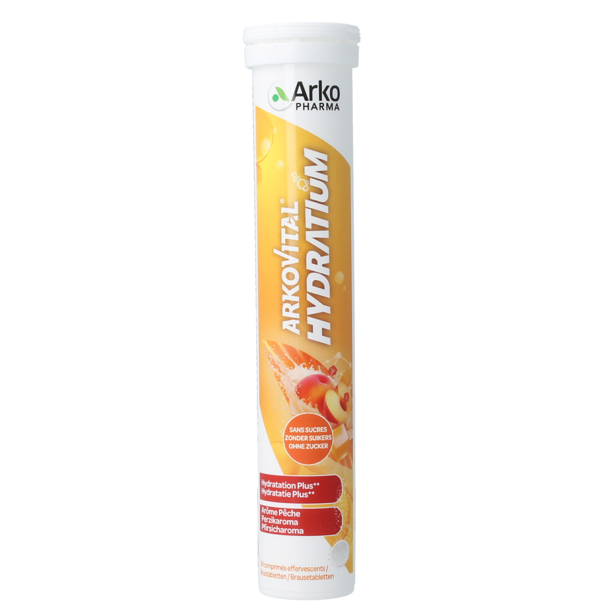 Arkovital Hydratium Peach effervescent tablets, a dietary supplement with peach flavor in a clear container