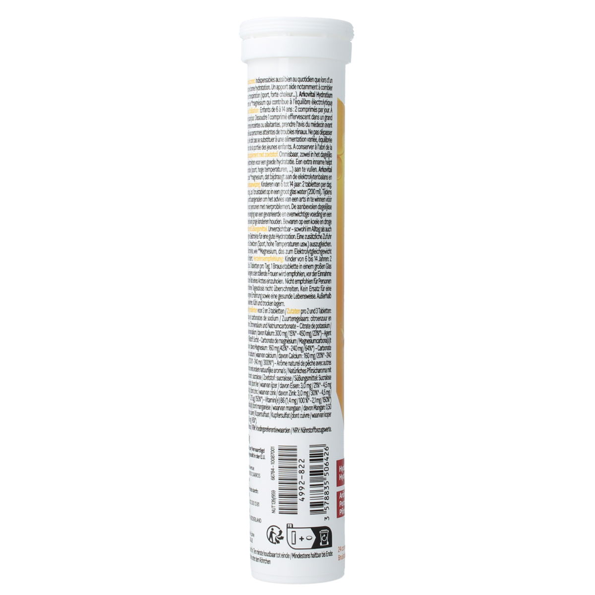 Arkovital Hydratium Perzik effervescent tablets in a glass with a peach-flavored liquid and tablets nearby.