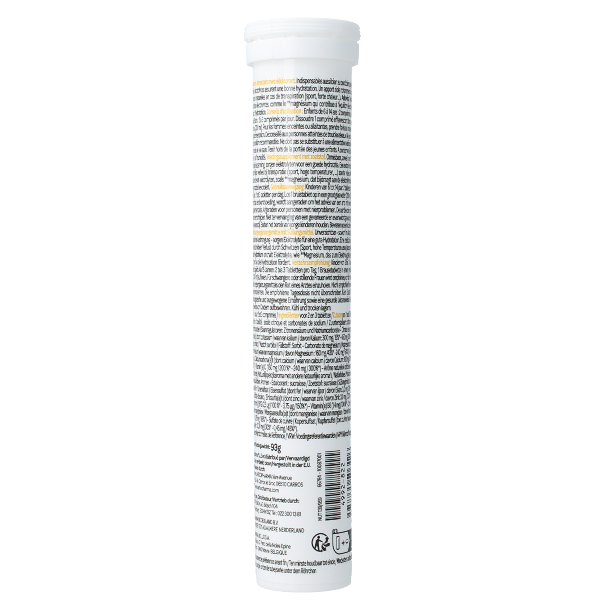 Arkovital Hydratium Perzik effervescent tablets in a glass, showing peach-flavored dietary supplement packaging and tablets.