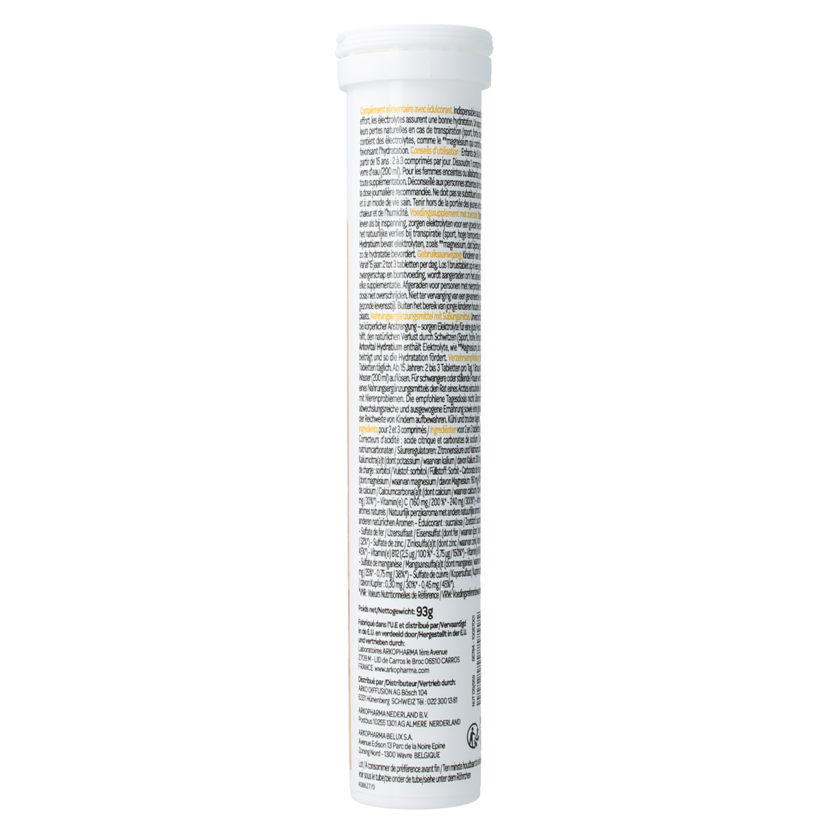 Arkovital Hydratium Perzik effervescent tablets, a peach-flavored dietary supplement with vitamins and minerals in a close-up image.