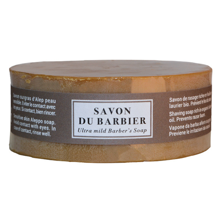 Aleppo Soap Co Aleppo scheerzeep navulling in 100g packaging, natural soap for shaving and skincare.