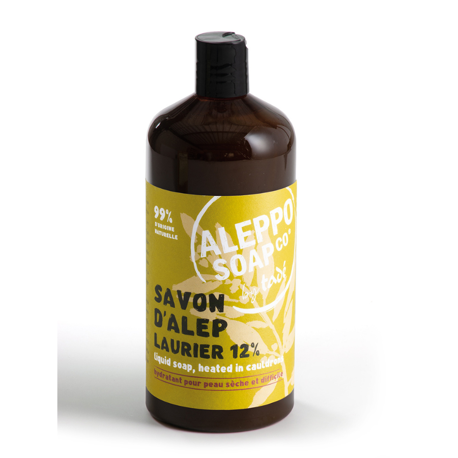 Aleppo Soap Co Zeep 12% laurier navul in a 1-liter bottle, natural soap with laurel oil for gentle cleansing and skin nourishment.