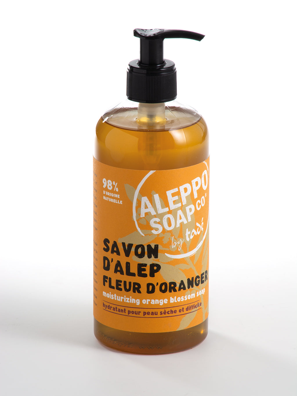 Aleppo Soap Co Sinaasappel soap pump bottle, 500ml, featuring vibrant orange citrus scent and natural soap ingredients.