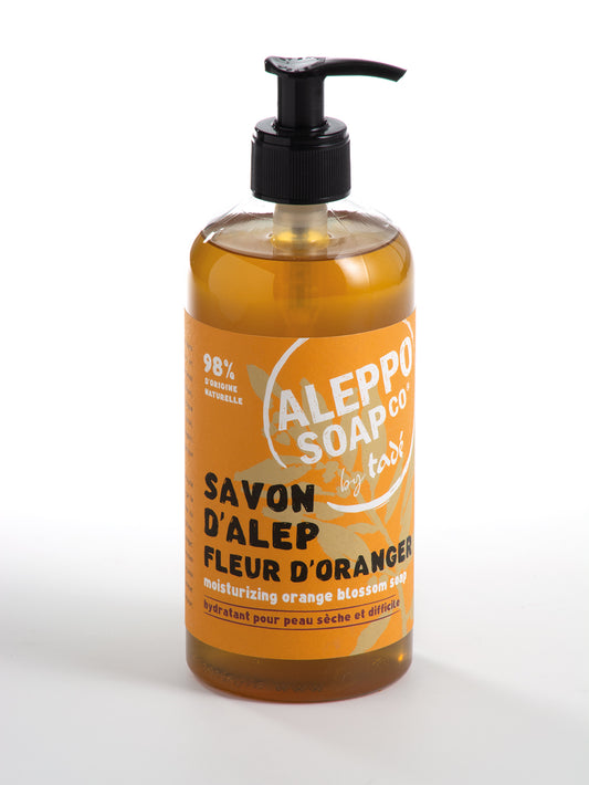 Aleppo Soap Co Sinaasappel soap pump bottle, 500ml, featuring vibrant orange citrus scent and natural soap ingredients.