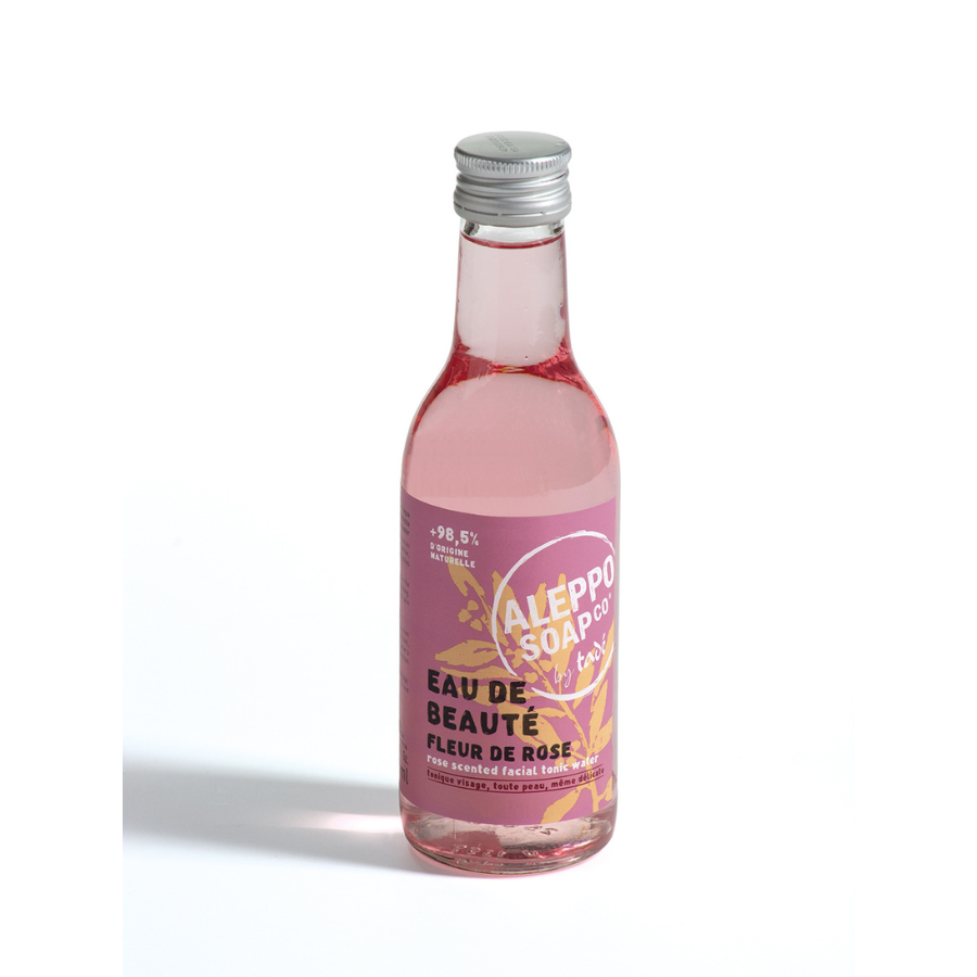 Aleppo Soap Co Beauty Rosewater facial toner bottle, 240ml, in clear plastic with rosewater label and cap, for skincare.