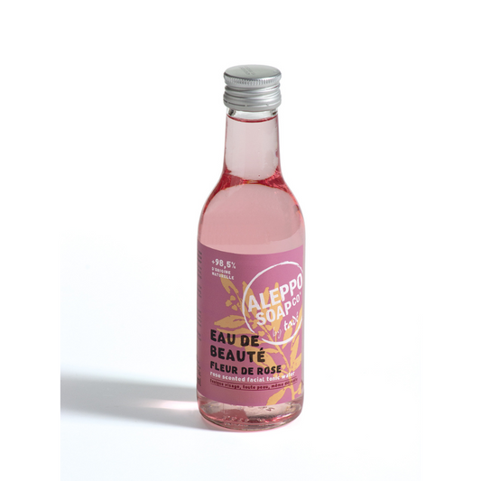 Aleppo Soap Co Beauty Rosewater facial toner bottle, 240ml, in clear plastic with rosewater label and cap, for skincare.