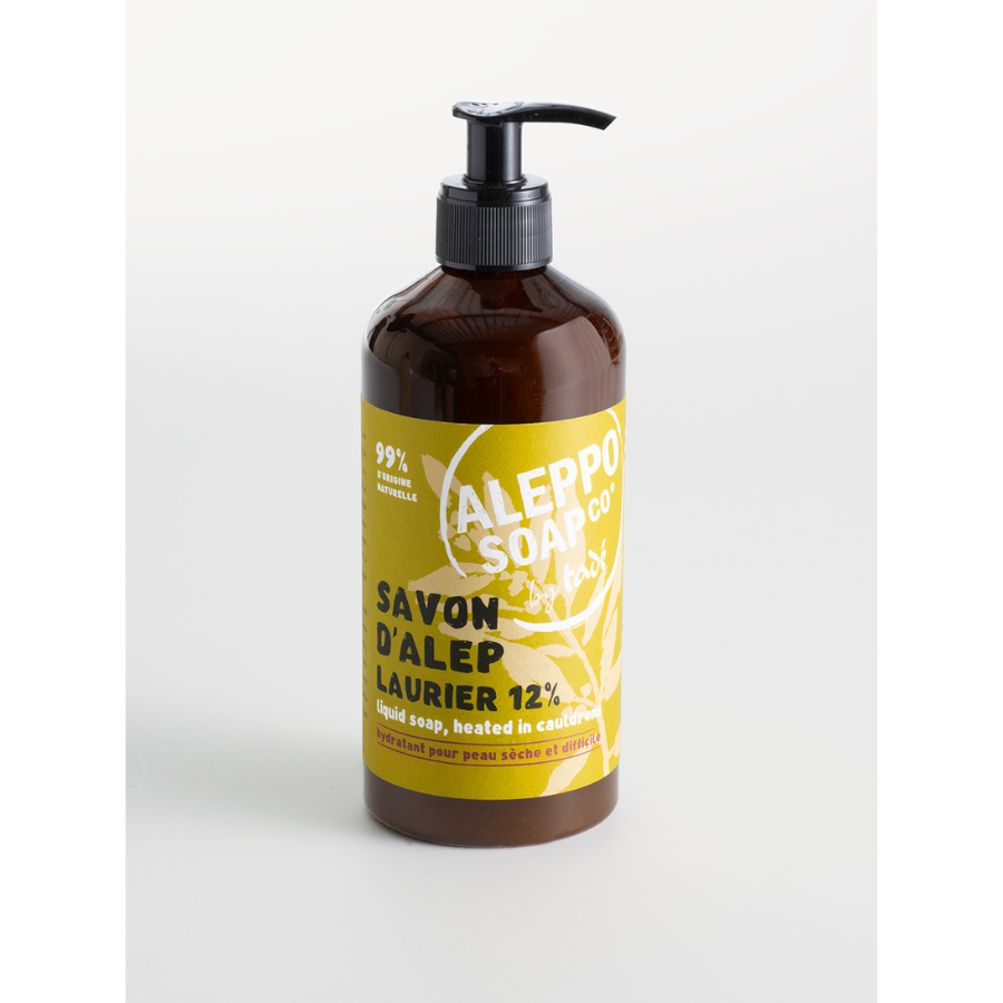 Aleppo Soap Co Zeep with 12% laurel oil, 500ml bottle featuring a pump, natural soap for skincare.