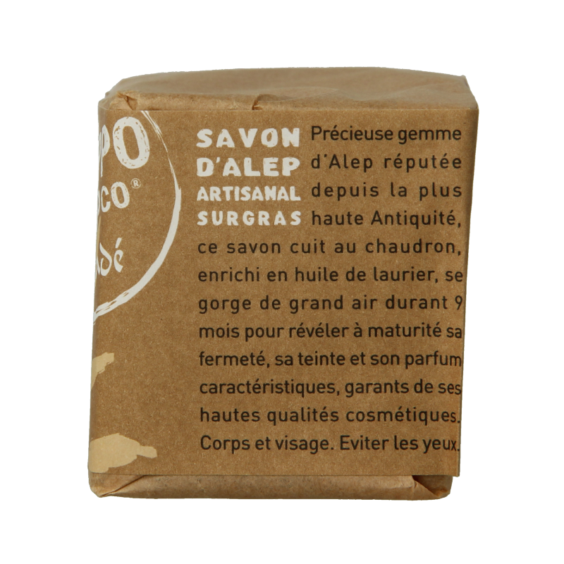 Aleppo Soap Co Zeep 12% laurier, 190g, natural soap with laurel oil, showcasing the soap bar's textured surface and packaging.