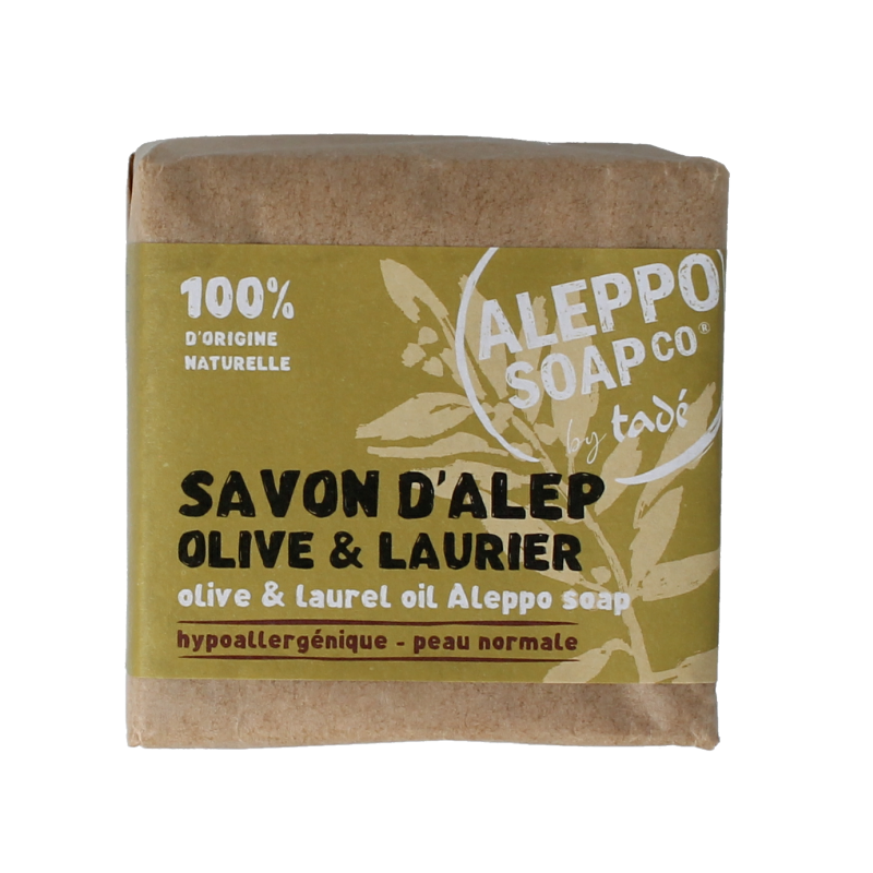 Aleppo Soap Co olive and laurel Zeep bar weighing 180 grams, showcasing traditional natural soap with herbal ingredients.