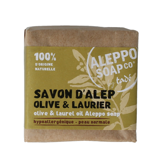 Aleppo Soap Co olive and laurel Zeep bar weighing 180 grams, showcasing traditional natural soap with herbal ingredients.
