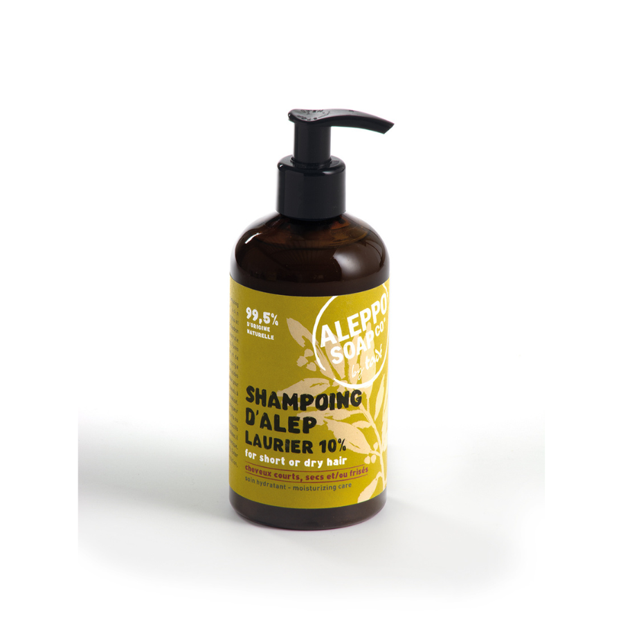 Aleppo Soap Co shampoo bottle, 300ml, natural hair care product with a simple label, for nourishing and cleansing hair.
