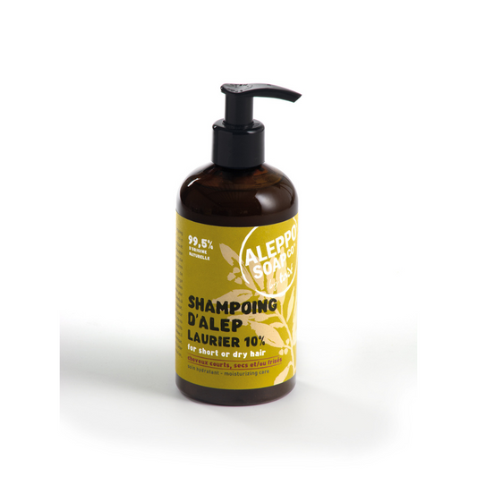 Aleppo Soap Co shampoo bottle, 300ml, natural hair care product with a simple label, for nourishing and cleansing hair.