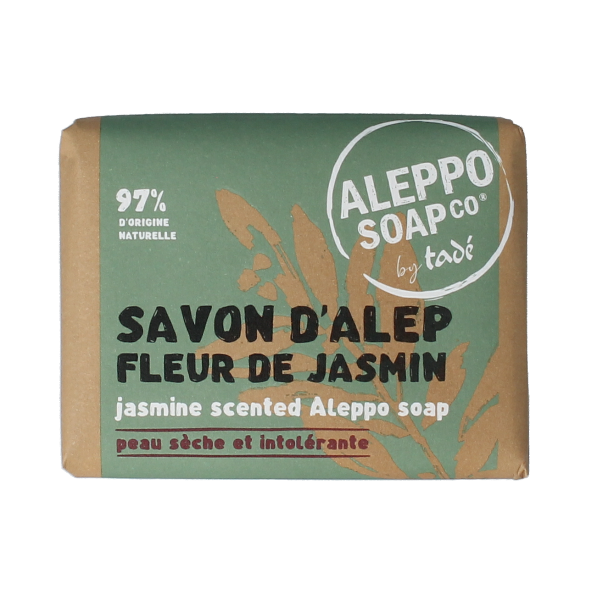 Aleppo Soap Co Jasmijn zeep 100g bar with jasmine floral scent and traditional soap design, showcasing natural ingredients.