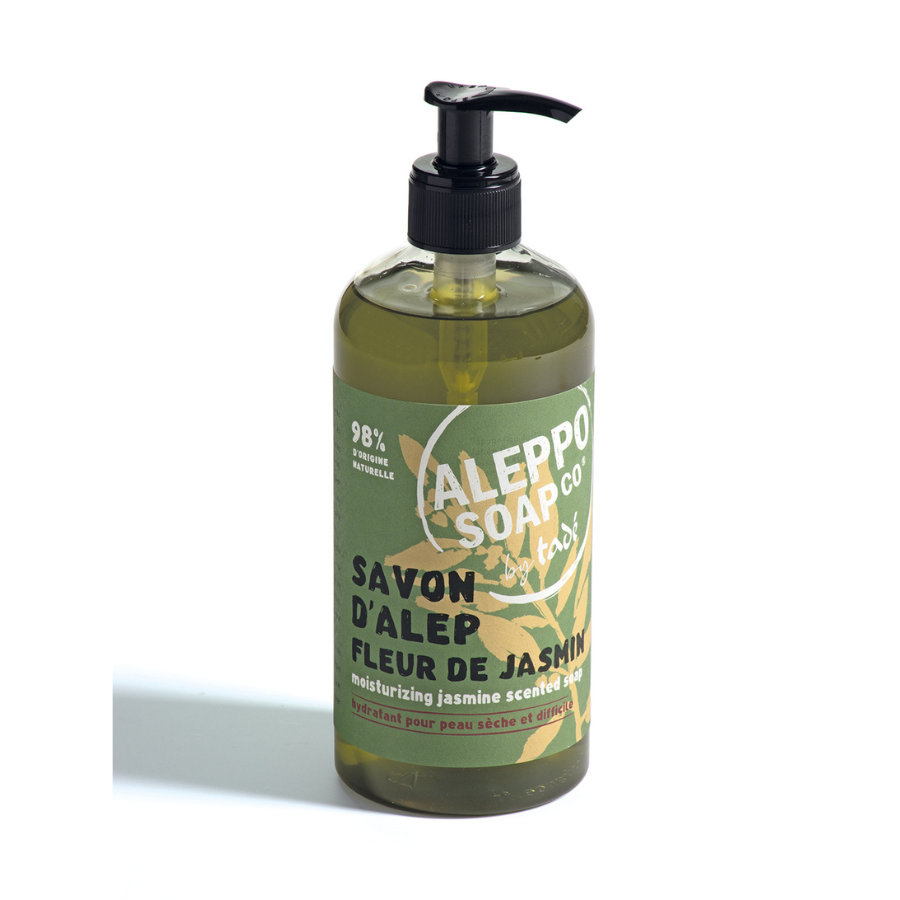Aleppo Soap Co jasmine hand soap with pump dispenser, 500ml, natural hand care product with floral jasmine scent.