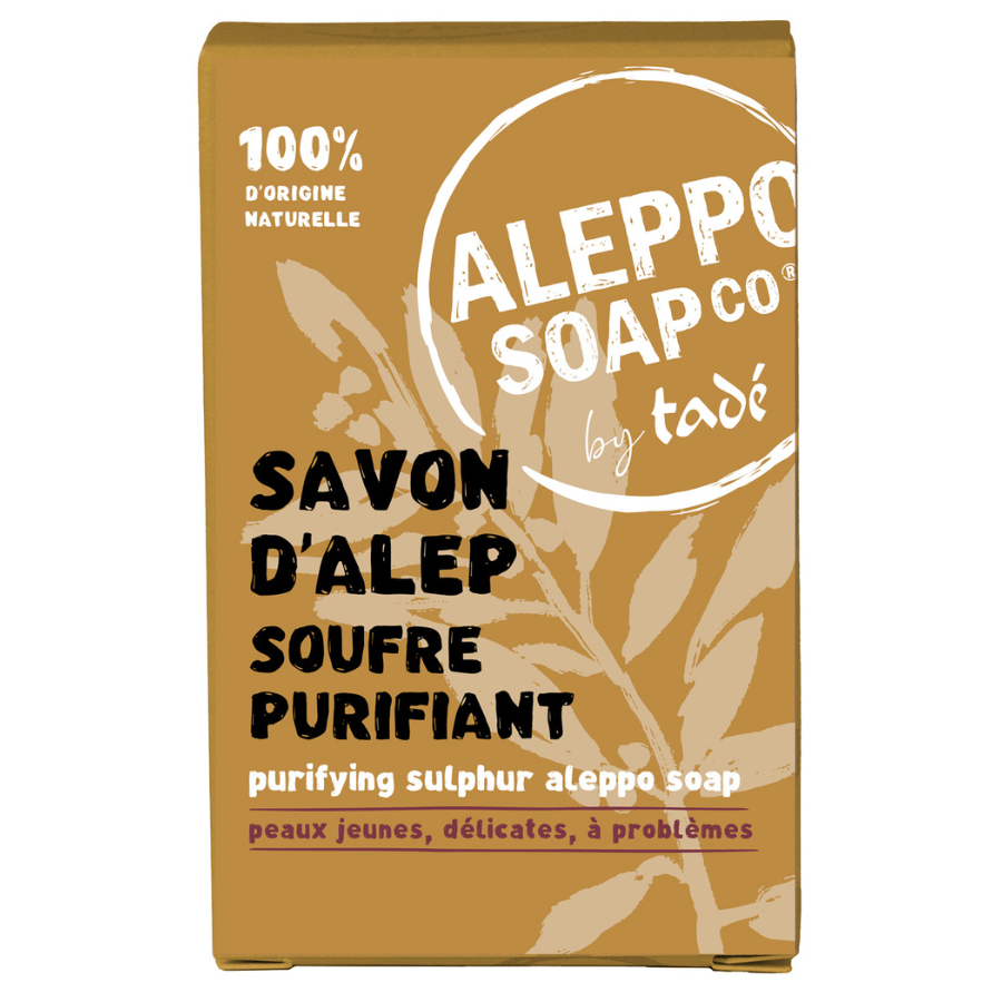 Aleppo Soap Co sulfur flower soap in a box, 150g, natural soap with herbal ingredients and traditional packaging.