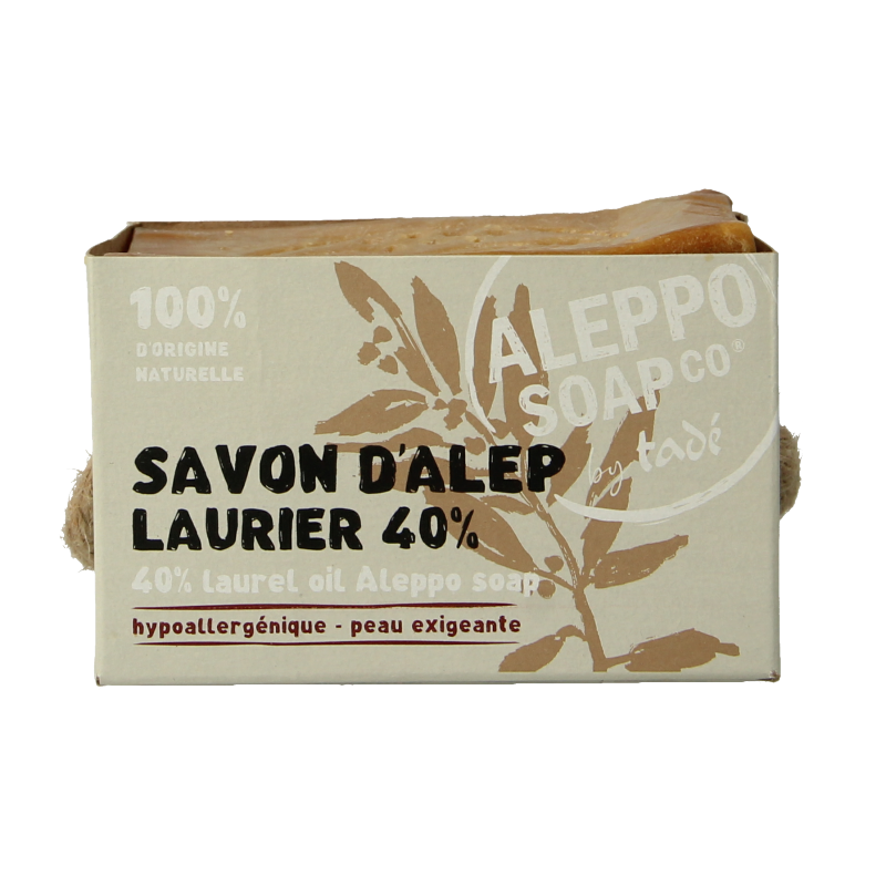 Aleppo Soap Co Zeep 40% natural olive and laurel oil soap in a 200g bar, shown with its textured surface and packaging.