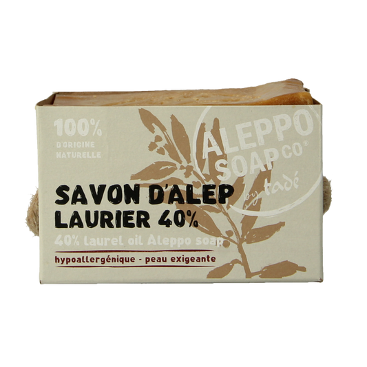 Aleppo Soap Co Zeep 40% natural olive and laurel oil soap in a 200g bar, shown with its textured surface and packaging.