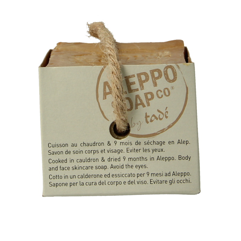 Aleppo Soap Co Zeep 40% natural olive and laurel soap in a 200 gram bar, showing the soap's textured surface and packaging.