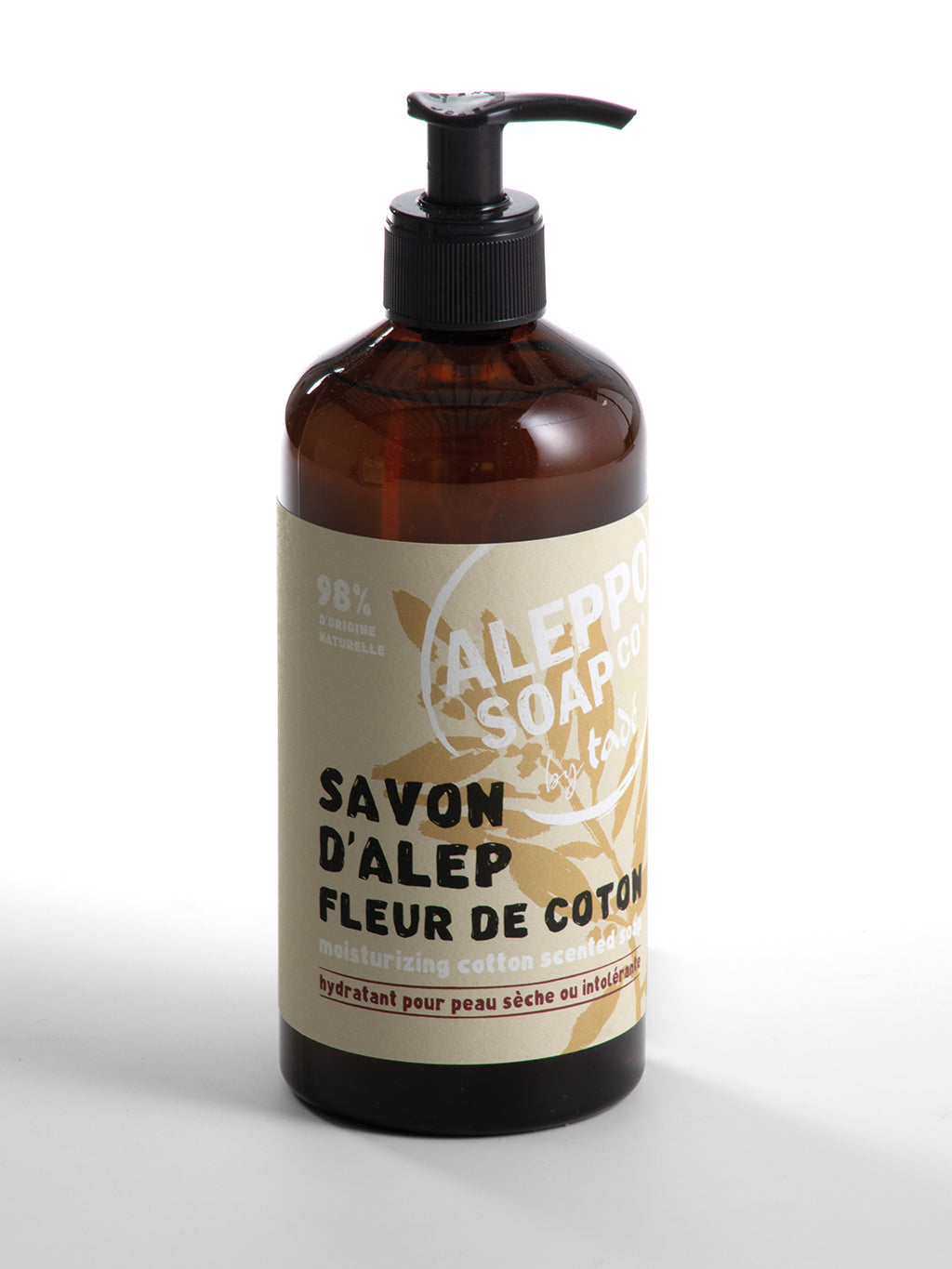 Aleppo Soap Co Savon d'Alep liquid with cotton flower scent in a 500ml bottle, natural soap with floral fragrance.