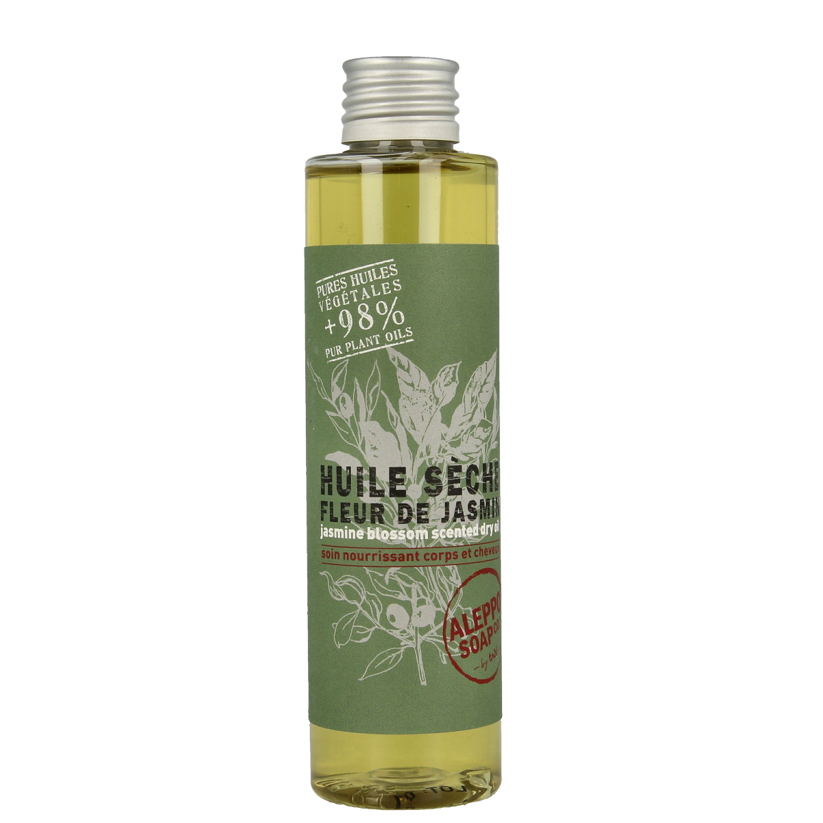 Aleppo Soap Co jasmijn body olie in 160ml bottle, natural body care product with jasmine scent, featuring a sleek packaging design.