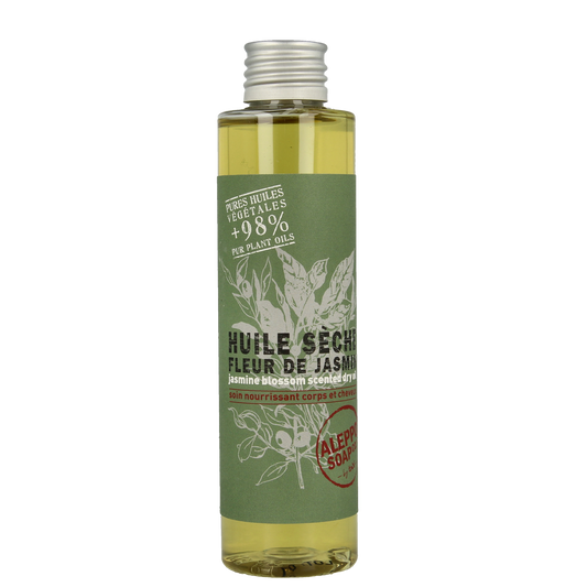 Aleppo Soap Co jasmijn body olie in 160ml bottle, natural body care product with jasmine scent, featuring a sleek packaging design.
