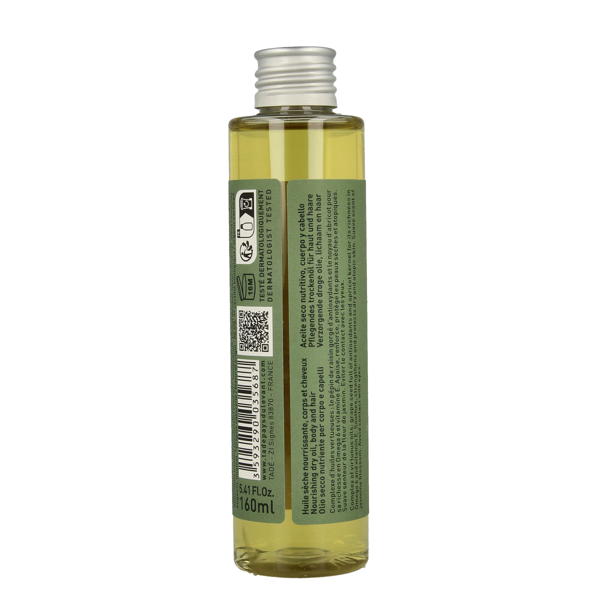 Aleppo Soap Co jasmine body oil bottle, 160ml, with clear label and elegant packaging for body skincare and moisturizing.