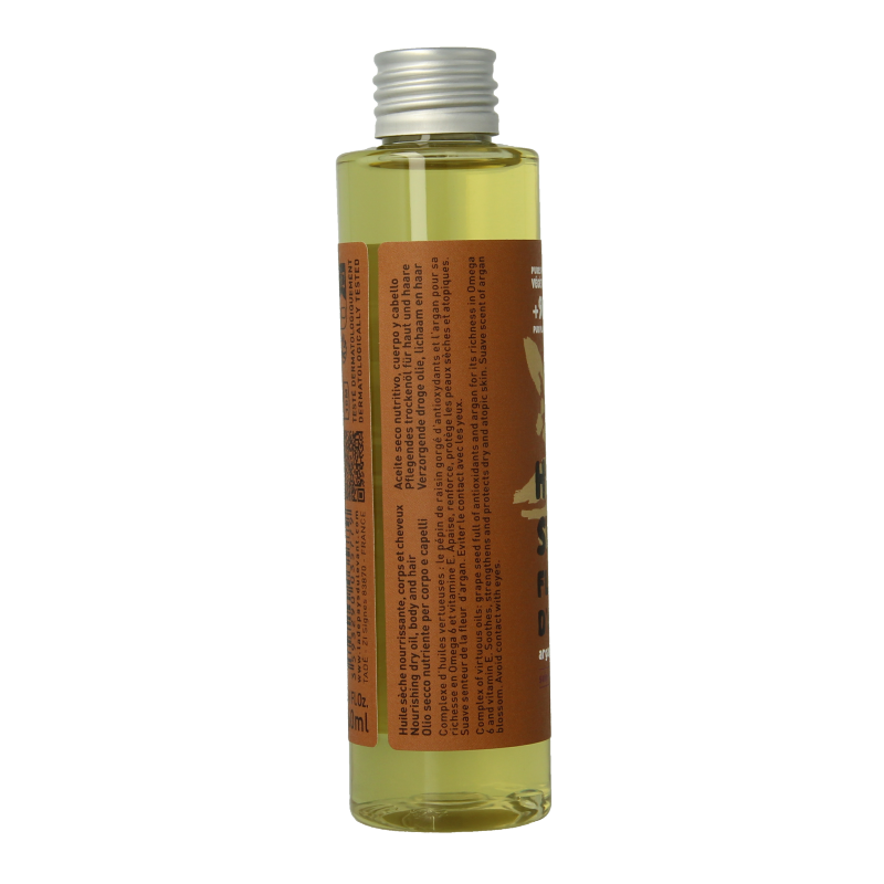 Aleppo Soap Co body oil with argan blossom, 160ml, for nourishing body care, featuring a clear bottle with a golden oil inside.