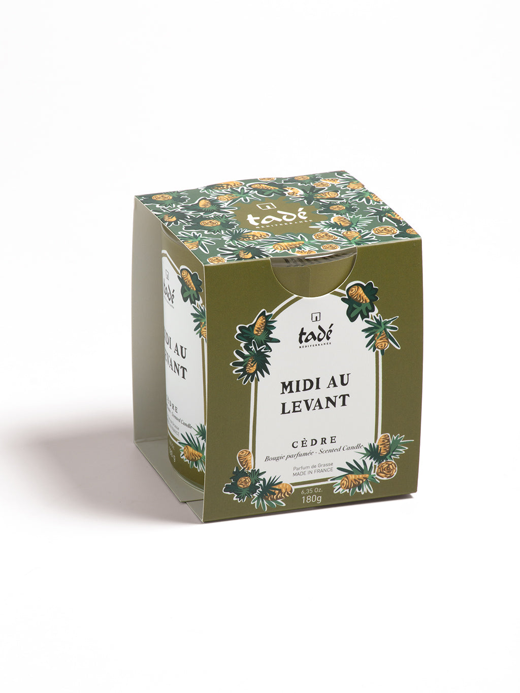 Tade cedar scented candle in a 180g glass jar, featuring a natural wood wick and a minimalist design.