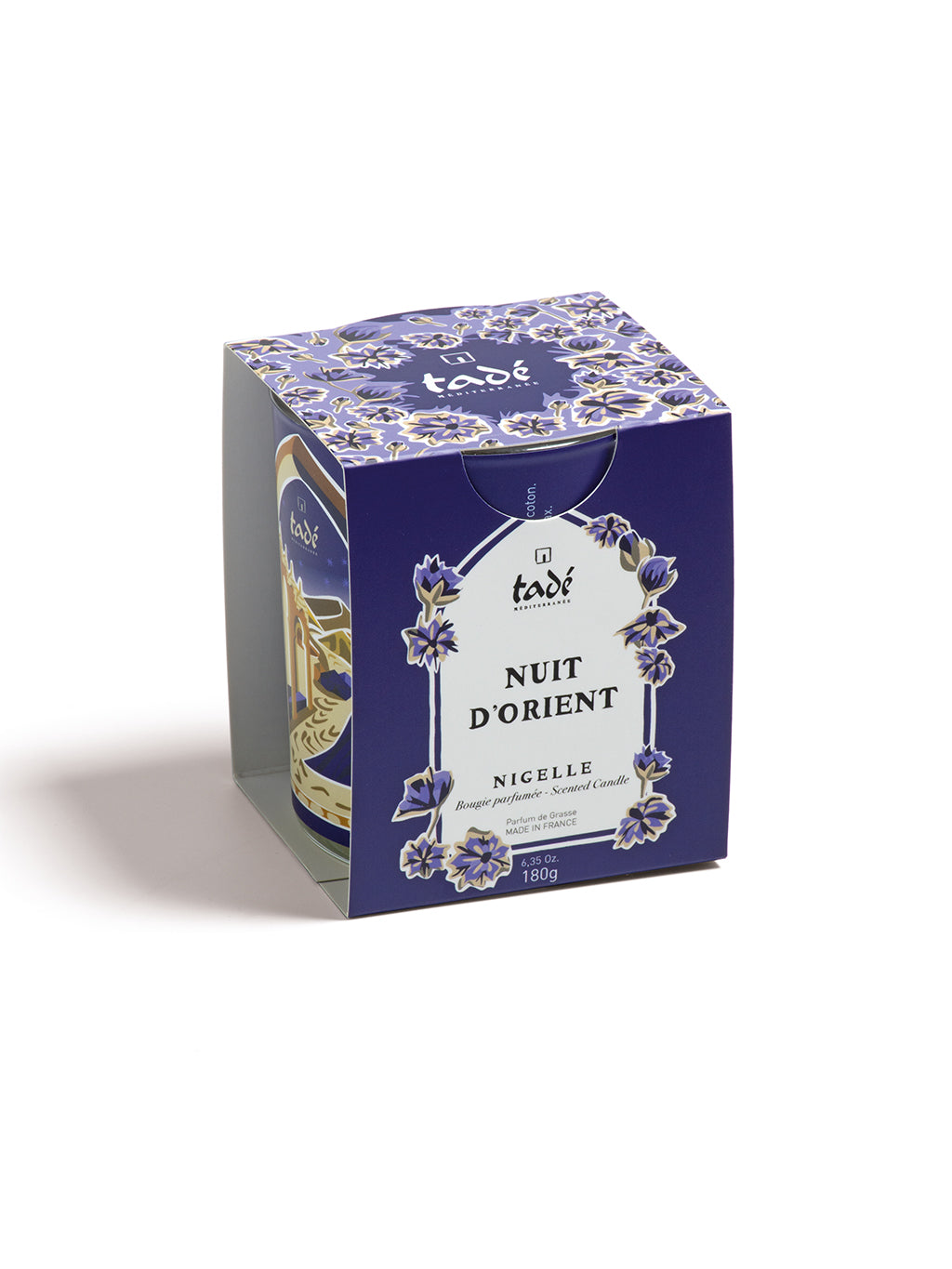 Tade Nigella scented candle in 180g glass jar, with a dark-colored wax and a natural wick, ideal for ambiance and home decor.