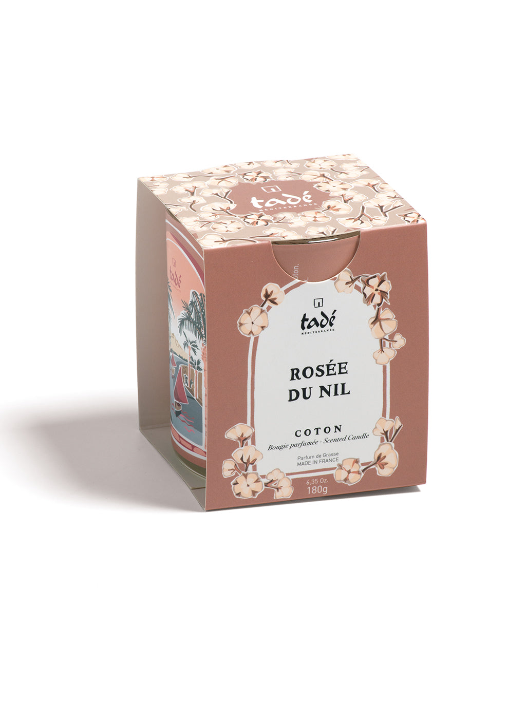 Tade cotton scented candle in a 180-gram container, with a white wax finish and minimalist label design.